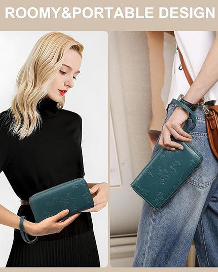 yiijay Womens Wallet RFID Blocking Large Capacity Leather Double Zip Wristlet Wallet Credit Card Phone Passport Holder for Travel Ladies Clutch Purse
