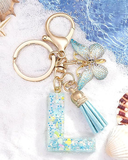 Fashion Alphabet Initial Letter Keychain Tassel Butterfly Pendant Key Ring for Purse Handbags Women Girl