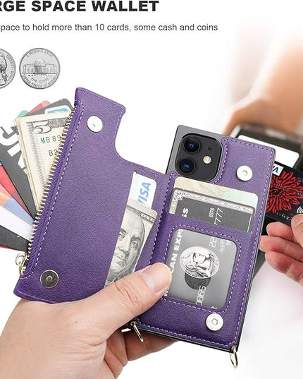 Bocasal Crossbody Wallet Case for iPhone 12/12 Pro with Card Holder,Zipper Card Slot Protector Shockproof Purse Cover with Removable Cross Body Strap 6.1 Inch(Purple)