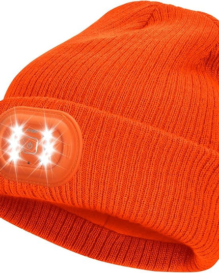 IVYWNT Unisex LED Beanie with Light, USB Rechargeable Headlamp Winter Knitted Hat, Valentine's Day Gift for Men Women, Orange