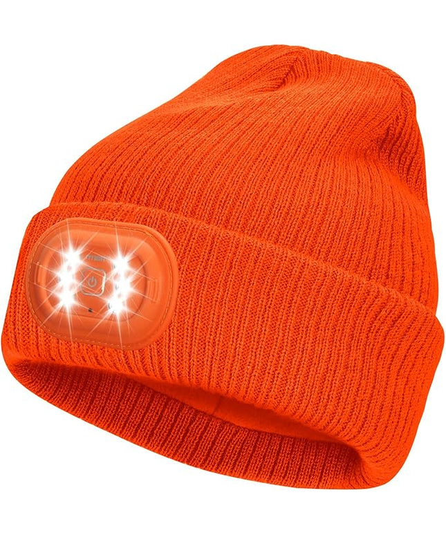 IVYWNT Unisex LED Beanie with Light, USB Rechargeable Headlamp Winter Knitted Hat, Valentine's Day Gift for Men Women, Orange
