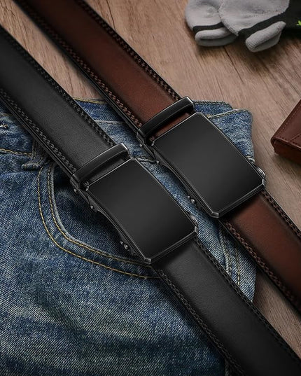 KEMISANT Men Belt 2 Pack, Leather Ratchet Belt Easy Click Slide For Men 1 3/8",Cut for Fit