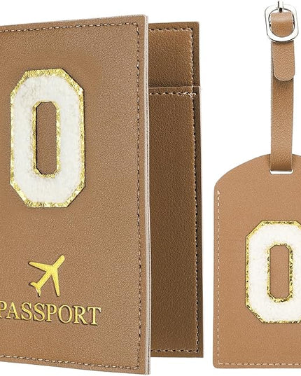 PATIKIL Passport Holder for Travel, Initial Passport Cover and Luggage Tag Set with Alphabet Chenille Letter Patch Travel Wallet Bag Suitcase Identifier for Women Family Travel Brown O