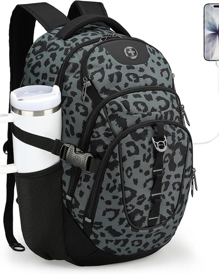 Swissdigital Laptop Backpack with USB Charging Port, Travel Backpack Fits 15.6 inches Computer, 31L Backpack for Men, Gray Leopard | SD803-101