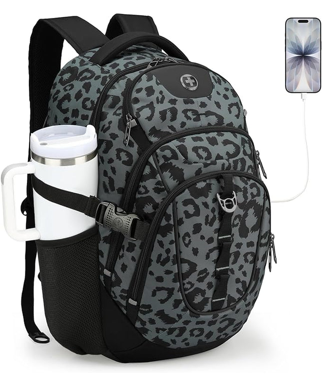 Swissdigital Laptop Backpack with USB Charging Port, Travel Backpack Fits 15.6 inches Computer, 31L Backpack for Men, Gray Leopard | SD803-101