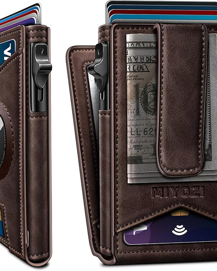 miyozi Airtag Wallet for Men Money Clip 9-Card Pop-Up Credit Card Holder with ID Window RFID Blocking Metal Case Magnetic Closure Front Pocket Wallet Gift Box
