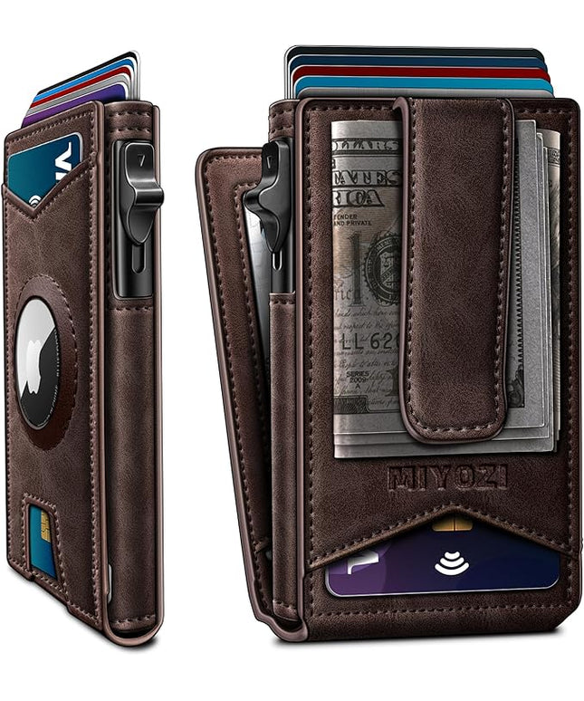 miyozi Airtag Wallet for Men Money Clip 9-Card Pop-Up Credit Card Holder with ID Window RFID Blocking Metal Case Magnetic Closure Front Pocket Wallet Gift Box