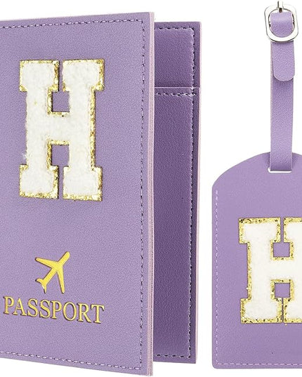PATIKIL Passport Holder for Travel, Initial Passport Cover and Luggage Tag Set with Alphabet Chenille Letter Patch Travel Wallet Bag Suitcase Identifier for Women Family Travel Purple H