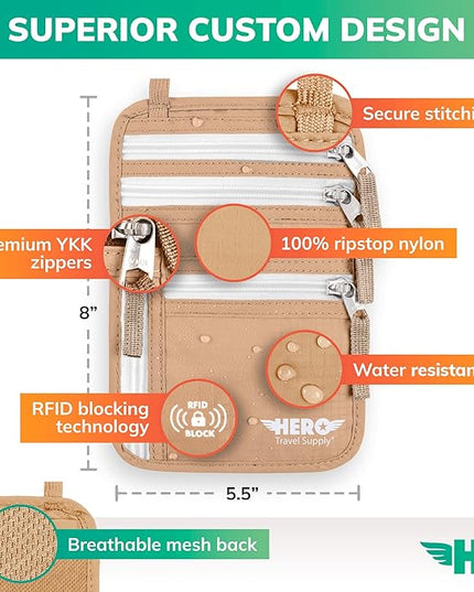 HERO Neck Wallet - RFID Blocking Passport Holder, Easy to Conceal and Pouch