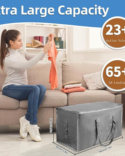 4 Pack-Extra Large Heavy Duty Moving Bags - Waterproof Storage Totes with Handles & Zippers, Foldable for College Dorm, Storage (Gray)