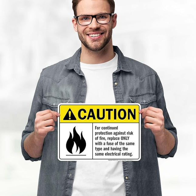 Warning For Continued Protection Against Risk Of Fire Replace Sign, 10x7 Inches, 4 Mil Vinyl Decal Stickers Weather Resistant, Made in USA by My Sign Center