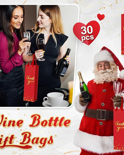 Ctosree 30 Pcs Wine Bottle Gift Bag with Handle 4.3x3.5x13.7 Liquor Paper Bag for Thank You Favor Gold Foil Kraft Whiskey Tote Carrier for Wedding Birthday Bridal Valentine's day Party(Red)