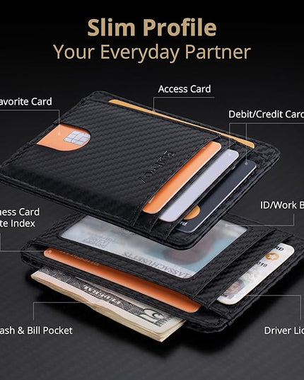 Buffway Slim Minimalist Front Pocket RFID Blocking Leather Wallets for Men and Women - Carbon Fiber Black