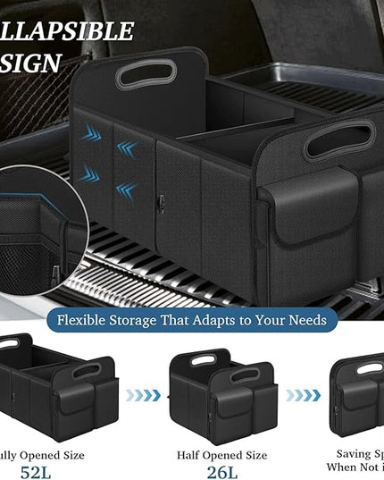 Trunk Organizer, Collapsible Waterproof car Trunk Organizer for SUVs & Sedans, Car Storage Organizers with Reinforced Handles, Car Accessories for Women and Men, 2 Compartments, 52L, Black