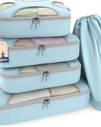 Shacke Premium 5 Packing Cubes Set - Lightweight Mesh Travel Luggage Organizers with Laundry Bag, 5-Piece Suitcase Storage System (Sky Blue)