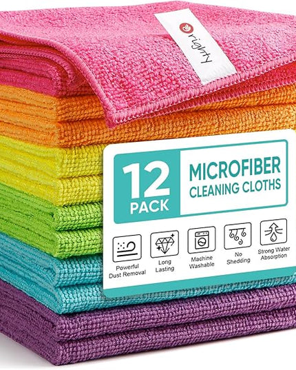 Orighty Microfiber Cleaning Cloth Pack of 12, Microfiber Towels for Cars, Highly Absorbent Car Cleaning Supplies, Lint Free Cloths Clean Rags for Car Care, House, Kitchen, 12x12 inch