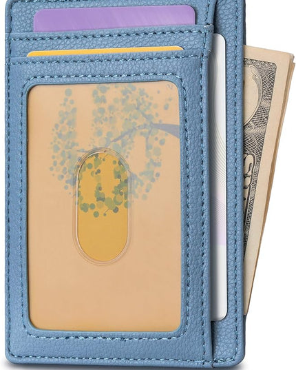 Buffway Slim Minimalist Front Pocket RFID Blocking Leather Wallets for Men and Women - Lichee Blue Grey
