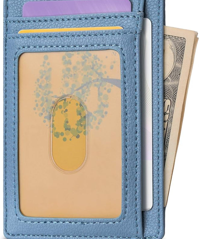 Buffway Slim Minimalist Front Pocket RFID Blocking Leather Wallets for Men and Women - Lichee Blue Grey