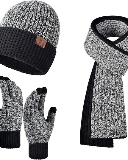 Men Women Winter Beanie Hats Scarf with Touchscreen Gloves Warm Knit Themal Gloves Long Scarf Set with Fleece Lined