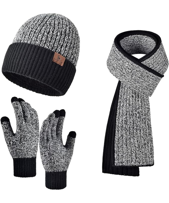 Men Women Winter Beanie Hats Scarf with Touchscreen Gloves Warm Knit Themal Gloves Long Scarf Set with Fleece Lined