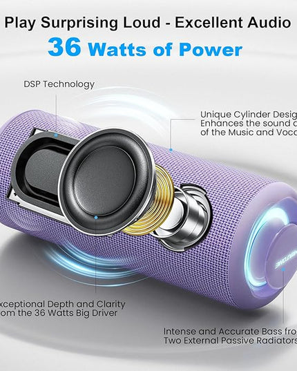 MIATONE Portable Bluetooth Speaker 36W Stereo Sound Bass Boost, 24H Playtime, Bluetooth 5.3 TWS Pairing Girl Friend Gifts for Woman Birthday Present (Purple)