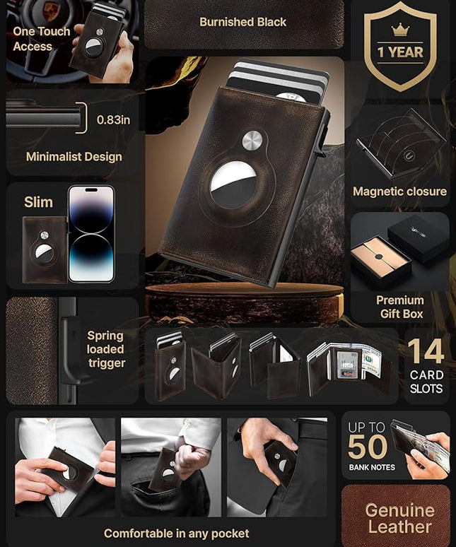 typecase Mens Wallet Card Holder for AirTag: Leather Smart Wallet for Men Compatible with Apple Air Tag, RFID Blocking, Slim, Minimalist - 9-14 Card Capacity | ID Window | Cash Slot (Burnished Black)