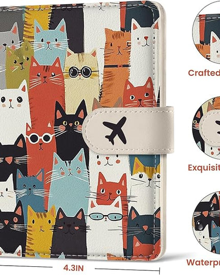 Passport Holder for Travel Essentials, RFID Blocking Leather Cover Wallet with Magnetic Closure, Aesthetic & Cute Passport Book Case for Women and Men - Cat