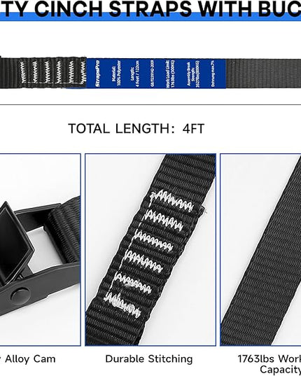 Lashing Straps, 4ft x 1 Inch Wide Cinch Strap with Buckles Adjustable Cam Straps, 1763lbs Heavy Duty Quick Pull Release Utility Nylon Black Cargo Tie Down Straps for Kayak Trucks Trailer Box, 12 Pack