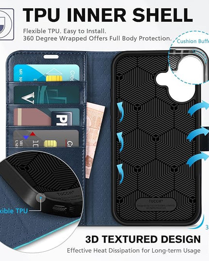TUCCH Wallet Case for iPhone 16, [RFID Blocking] [4 Card Slots] TPU Interior Protective Case, Magnetic Folio Shockproof PU Leather Stand Flip Cover Compatible with iPhone 16, Dark Blue&Lake Blue