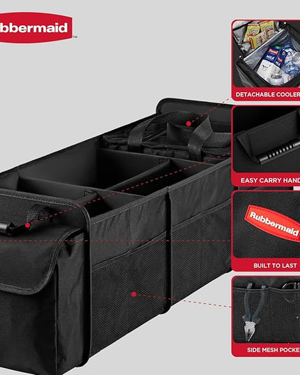 Rubbermaid Car Organizer, Collapsible Trunk Organizer with Lid & Removable Leakproof Cooler Bag, Multi-Compartment Car Storage Organization for Car Accessories, 5 Compartments Without Cover,