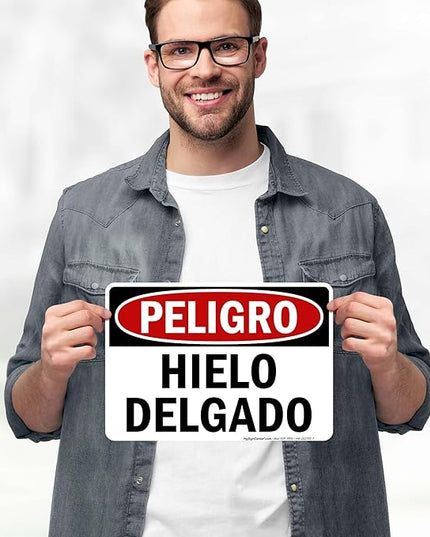Danger Thin Ice Spanish Sign, 10x7 Inches, 4 Mil Vinyl Decal Stickers Weather Resistant, Made in USA by My Sign Center