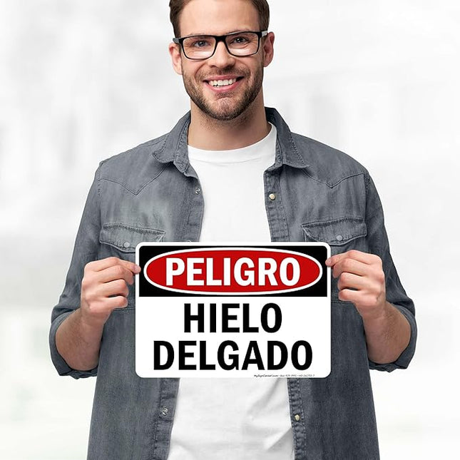 Danger Thin Ice Spanish Sign, 10x7 Inches, 4 Mil Vinyl Decal Stickers Weather Resistant, Made in USA by My Sign Center