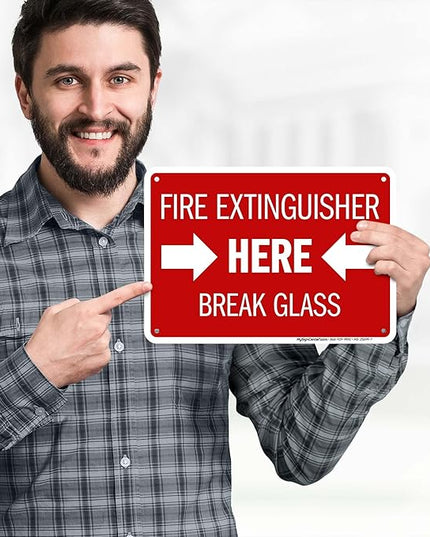 Fire Extinguisher Here Break Glass Sign, 10x7 Inches, Rust Free .040 Aluminum, Fade Resistant, Made in USA by My Sign Center