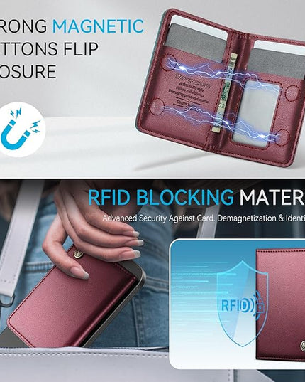 Defencase for Magsafe Wallet Magnetic Card Holder RFID Blocking, PU Leather Minimalist Phone Wallet for MagSafe Phones and Cases for iPhone 17/16/ 15/14/ 13/12/ Pro/Max/Plus/Air, Wine Red