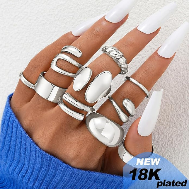 ÌF ME 10 PCS Gold Rings Set for Women Non Tarnish, 18K Gold Plated Chunky Stackable Rings, Statement Stacking Womens Ring Pack