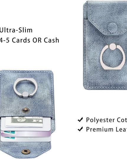 RFID Ring Stand Stick on Wallet for Back of Phone for iPhone Android and All Smartphones Adhesive Credit Card Holder for Cell Phone-Denim Blue …
