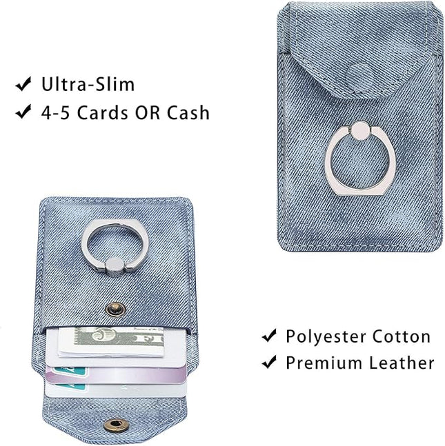 RFID Ring Stand Stick on Wallet for Back of Phone for iPhone Android and All Smartphones Adhesive Credit Card Holder for Cell Phone-Denim Blue …