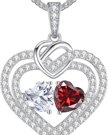 LOUISA SECRET Sparkling Double Heart Birthstone Necklaces for Women, 925 Sterling Silver Fine Jewelry, Pendant Heart Necklaces Birthday Anniversary Christmas Gift for Women Wife Mom Girlfriend Lady