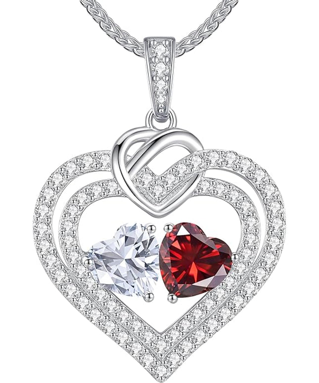 LOUISA SECRET Sparkling Double Heart Birthstone Necklaces for Women, 925 Sterling Silver Fine Jewelry, Pendant Heart Necklaces Birthday Anniversary Christmas Gift for Women Wife Mom Girlfriend Lady