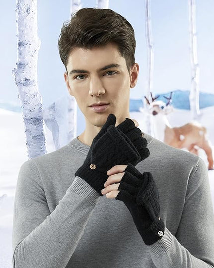 Winter Fingerless Gloves for Women Men Warm Knitted Convertible Mittens Flap Cover