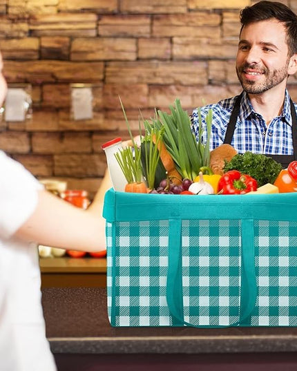 WISELIFE Reusable Grocery Shopping Bags 10 Pack Large Foldable Tote Bags Bulk, Eco Produce Bags with Long Handle for Shopping Groceries Clothes (Plaid B)