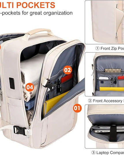 PIJUSHI Travel Backpack for Women Expandable Carry on Luggage Backpack Airline Approved Personal Item Laptop Bag(PE034 Beige)