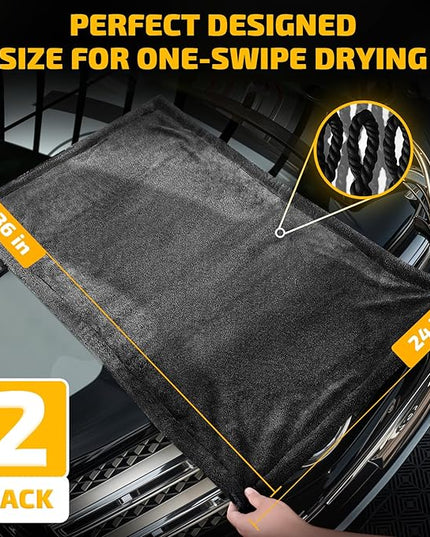 2-Pack 1200 GSM Car Drying Towels – Microfiber Towels for Cars (36" x 24"), Ultra-Absorbent, Streak-Free, Scratch-Free, No Water Spots, Double-Twist Pile & Edgeless Design