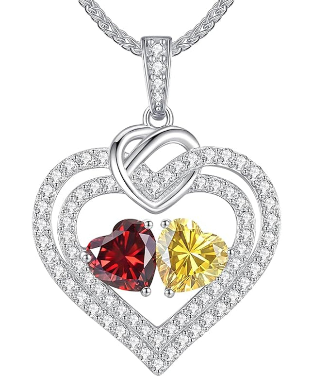 LOUISA SECRET Sparkling Double Heart Birthstone Necklaces for Women, 925 Sterling Silver Fine Jewelry, Pendant Heart Necklaces Birthday Anniversary Christmas Gift for Women Wife Mom Girlfriend Lady