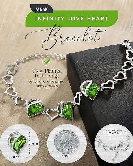 Leafael Infinity Love Heart Link Bracelets, Birthstone or Healing Stone Crystal Bracelet for Women, Silver Tone Jewelry Gifts for Her, 7-inch Chain and 2-inch Extender