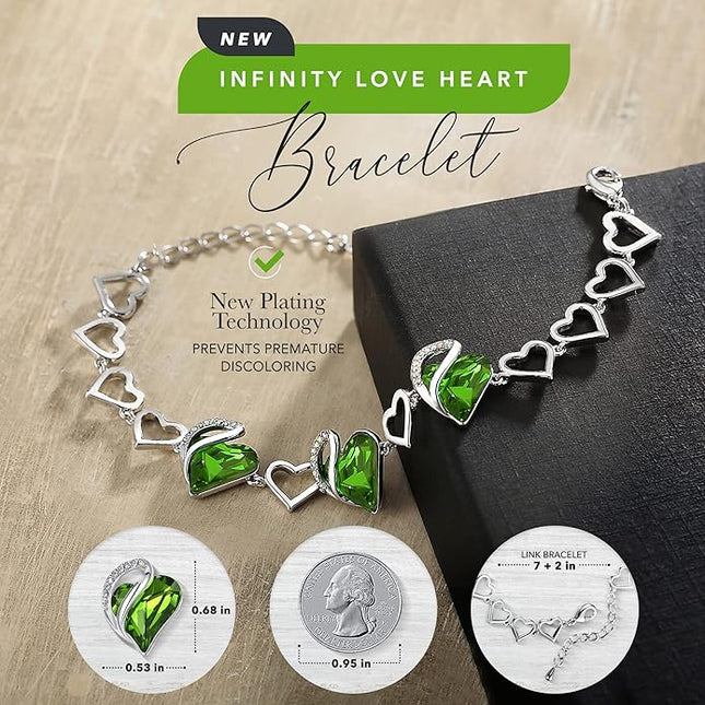 Leafael Infinity Love Heart Link Bracelets, Birthstone or Healing Stone Crystal Bracelet for Women, Silver Tone Jewelry Gifts for Her, 7-inch Chain and 2-inch Extender