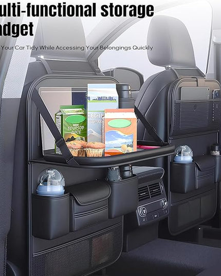 Car Backseat Organizer with Foldable Table Tray,Car Seat Back Protector with Touch Screen Phone Holder,Premium PU Leather Material,Compatible with Suitable for Most Car Travel Accessories