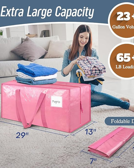 6 Pack Extra Heavy Duty Large Moving Bags with Strong Zipper & Comfortable Handles, Sturdy & Durable Clothes Storage Bags Totes Bins, Packing Moving Boxes for College Supplies, Pink