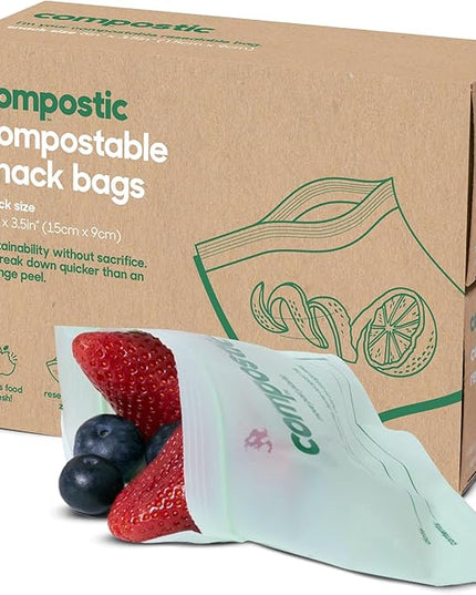 Compostic Home Compostable Resealable Snack Size Bags, Microwave & Freezer Safe, Organic Food Storage Container, 90 Count + 10 Bonus Bags