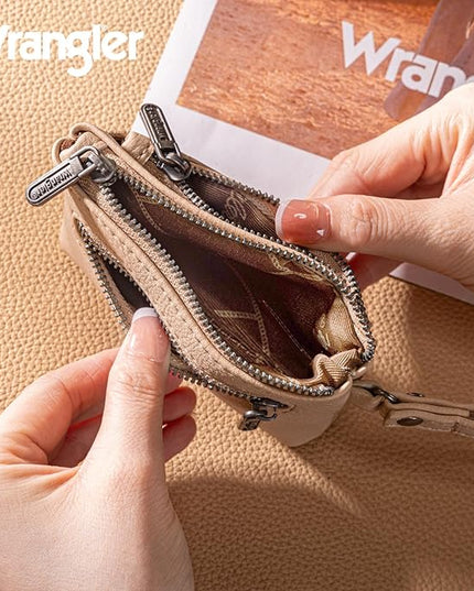 Montana West Wrangler Coin Purse for Women RFID-blocking Floral Embossed Change Pouch Wristlet Wallet Lightweight Portable Wallets Tan